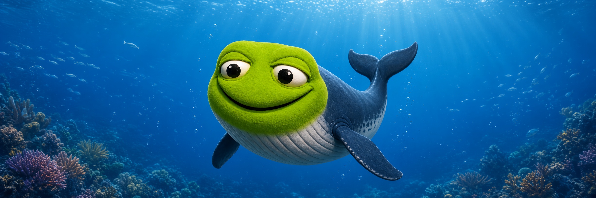 Toad Whale swimming through a coral reef